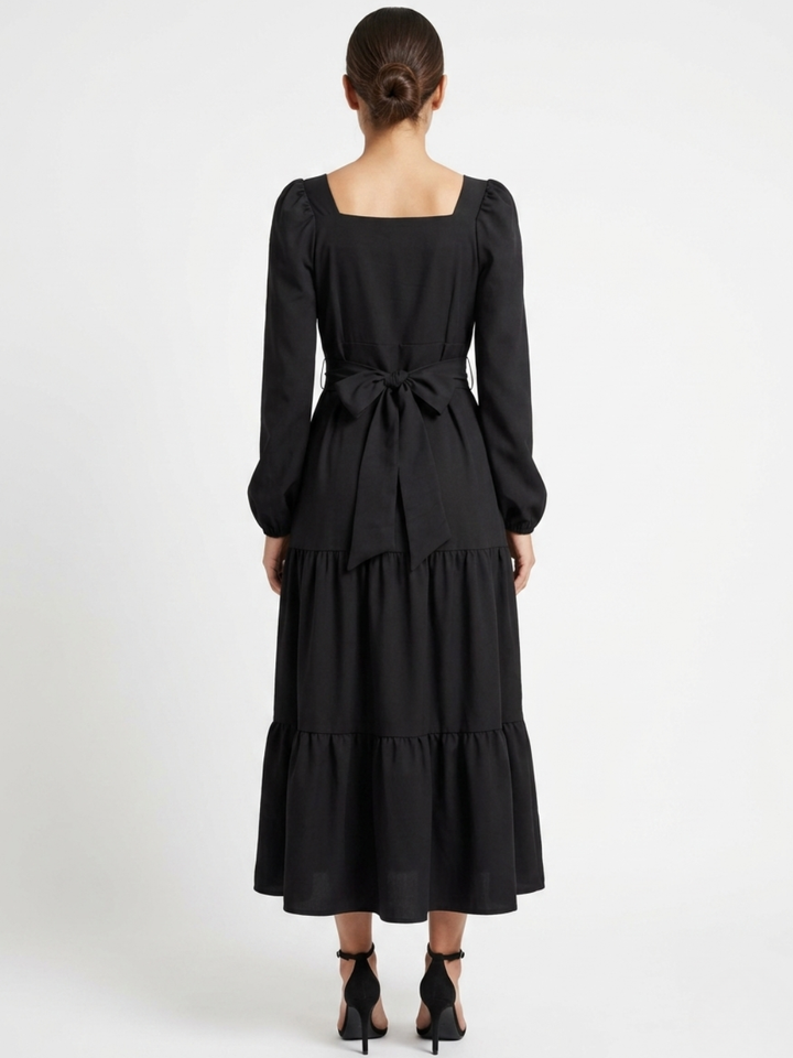 VESTIDO CASUAL LARGO CON LAZO FLORA NEGRO