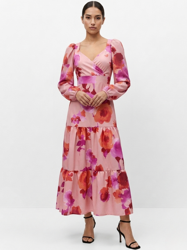 VESTIDO CASUAL LARGO CON LAZO FLORA ROSA FLOREADO