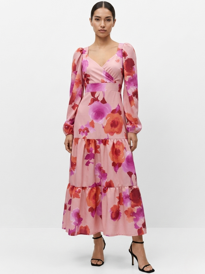 VESTIDO CASUAL LARGO CON LAZO FLORA ROSA FLOREADO