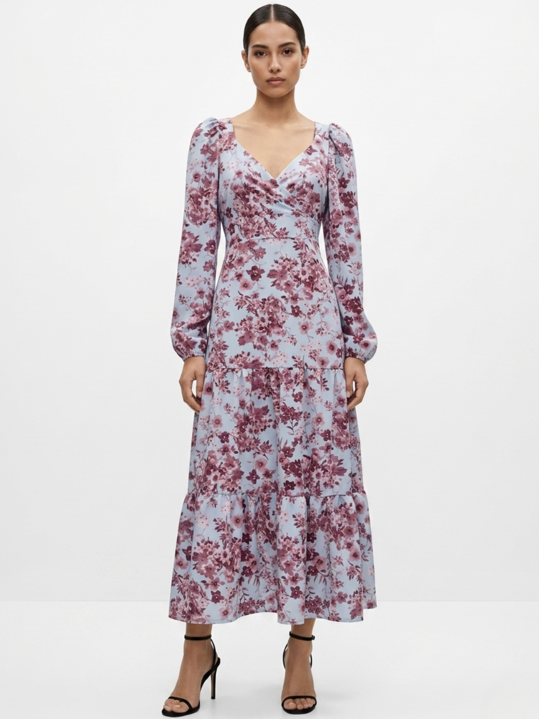 VESTIDO CASUAL LARGO CON LAZO FLORA CELESTE FLOREADO