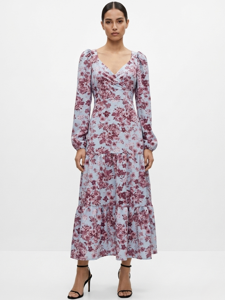VESTIDO CASUAL LARGO CON LAZO FLORA CELESTE FLOREADO