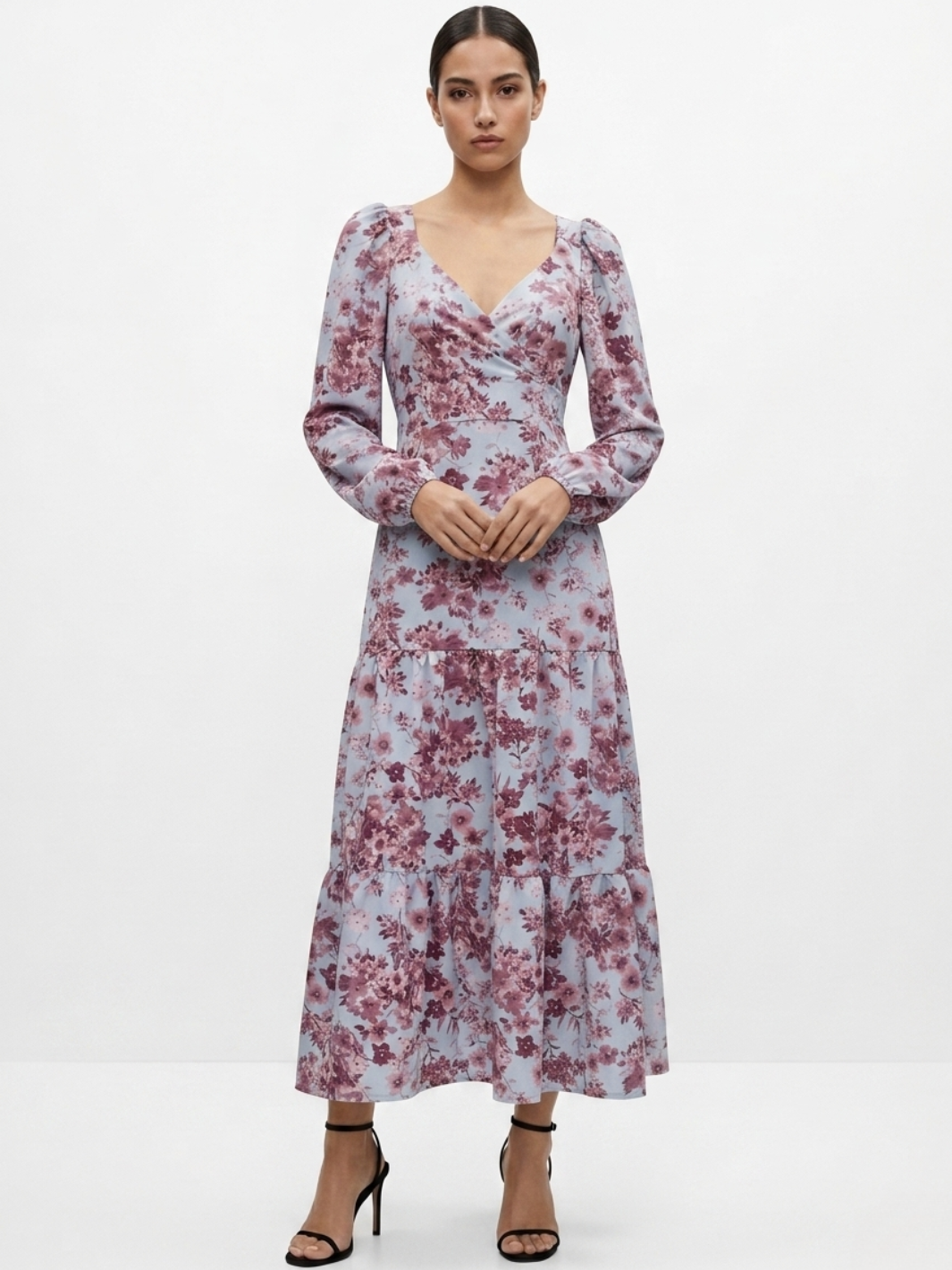 VESTIDO CASUAL LARGO CON LAZO FLORA CELESTE FLOREADO