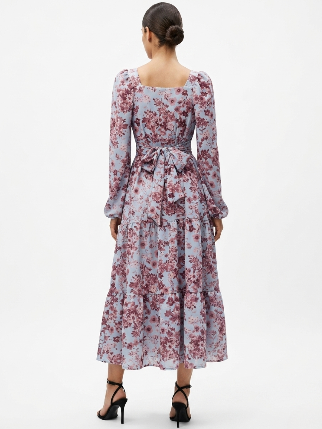 VESTIDO CASUAL LARGO CON LAZO FLORA CELESTE FLOREADO