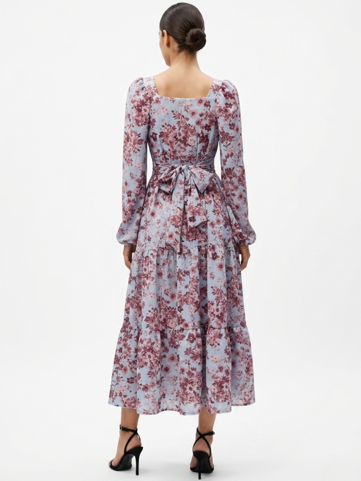 VESTIDO CASUAL LARGO CON LAZO FLORA CELESTE FLOREADO