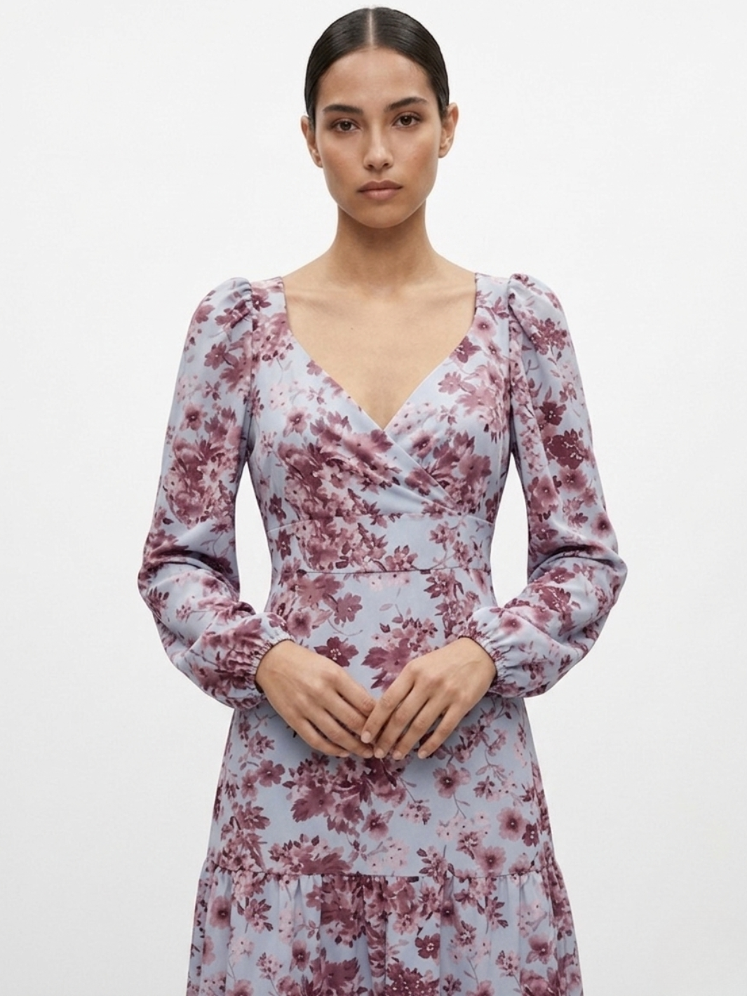 VESTIDO CASUAL LARGO CON LAZO FLORA CELESTE FLOREADO
