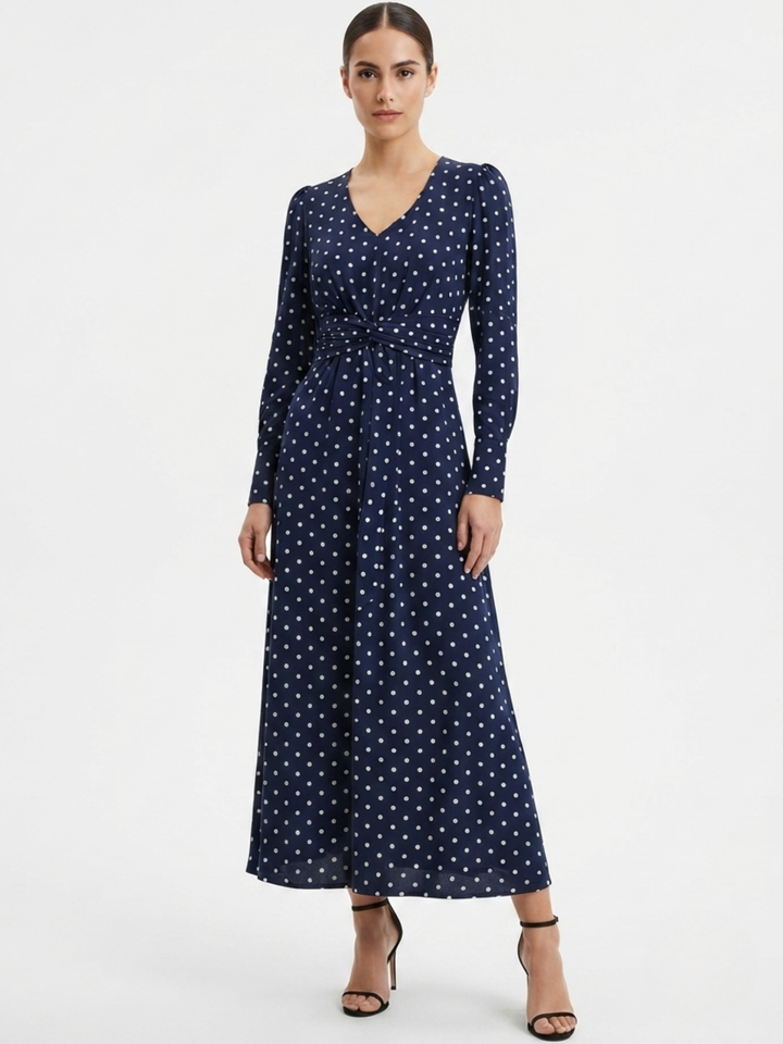 VESTIDO CASUAL LARGO CAMILA AZUL POLKA DOTS