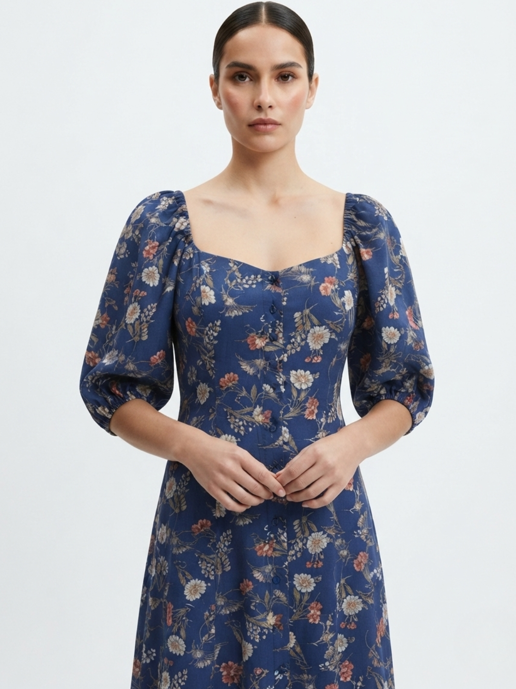 VESTIDO LARGO CON BOTONES MAGDALENA AZUL FLOREADO
