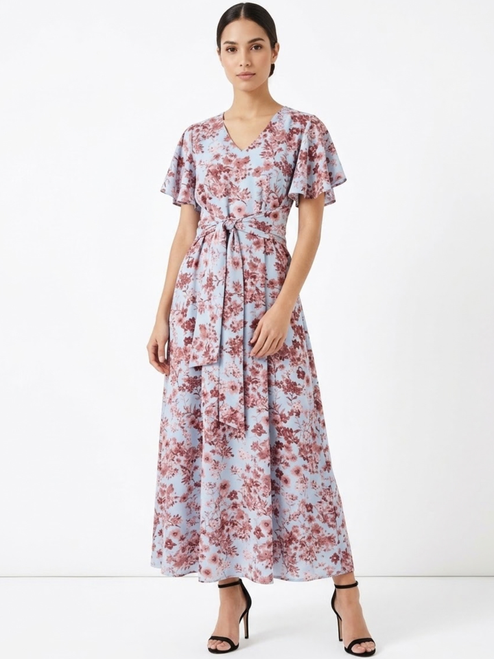 VESTIDO CASUAL CON FALDA EN CORTE A Y LAZO DAFNE CELESTE FLOREADO