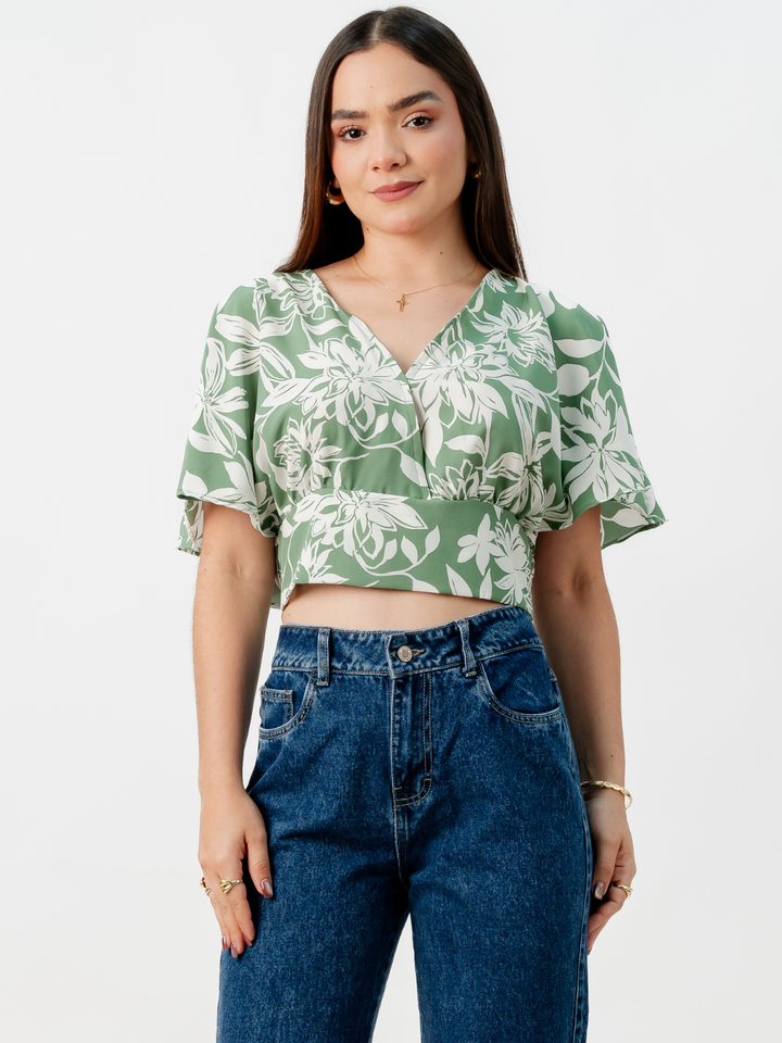 BLUSA CORTA CON MANGAS CON VUELO ROSIE VERDE/PERLA