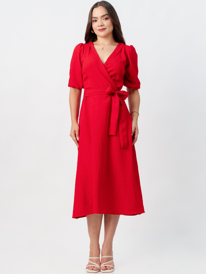 VESTIDO MIDI EN CORTE A CON LAZO SOLEDAD ROJO