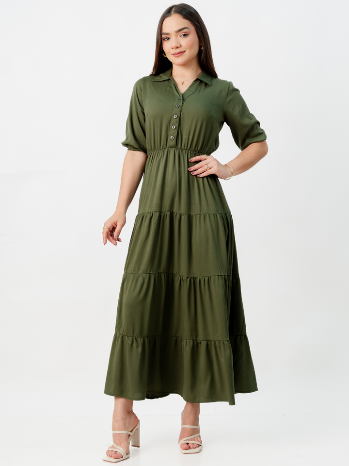 VESTIDO CAMISERO CON FALDA EN TIEMPOS ZAMIRA VERDE
