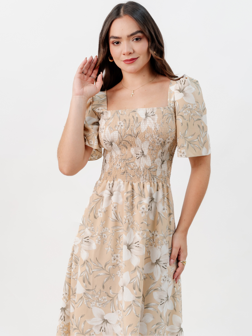 VESTIDO CASUAL LARGO LUCRECIA NUDE FLOREADO