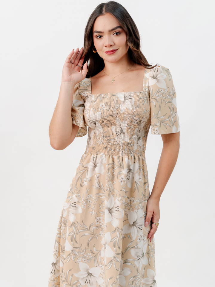 VESTIDO CASUAL LARGO LUCRECIA NUDE FLOREADO