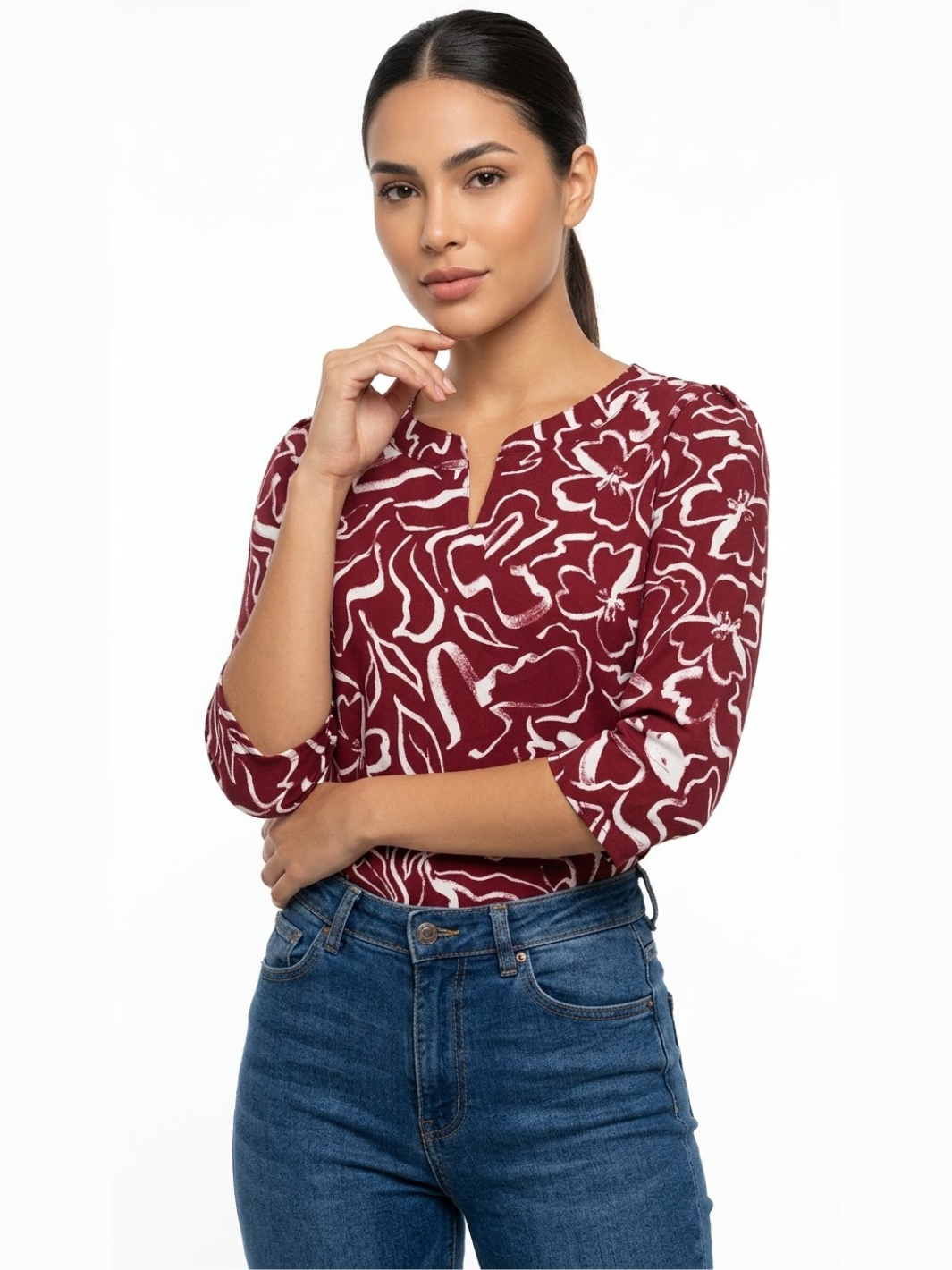 BLUSA CON MANGA 3/4 Y CUELLO REDONDO KIM VINO FLOREADO