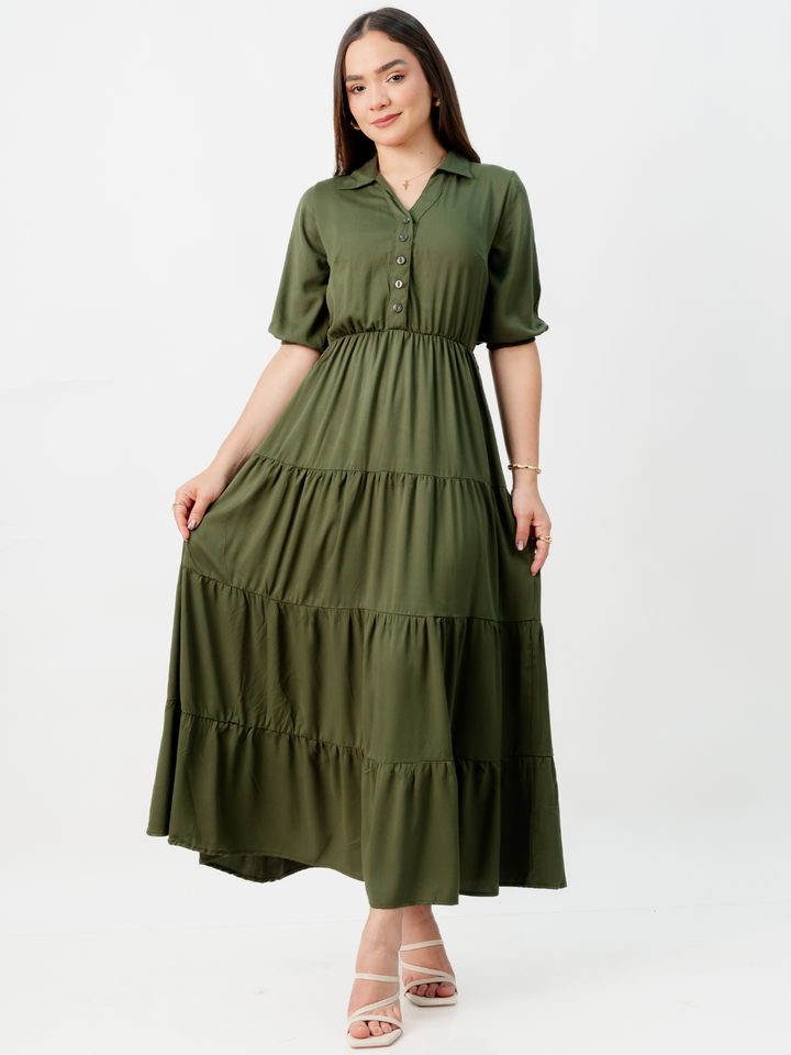 VESTIDO CAMISERO CON FALDA EN TIEMPOS ZAMIRA VERDE
