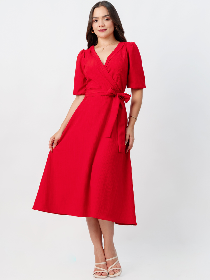 VESTIDO MIDI EN CORTE A CON LAZO SOLEDAD ROJO