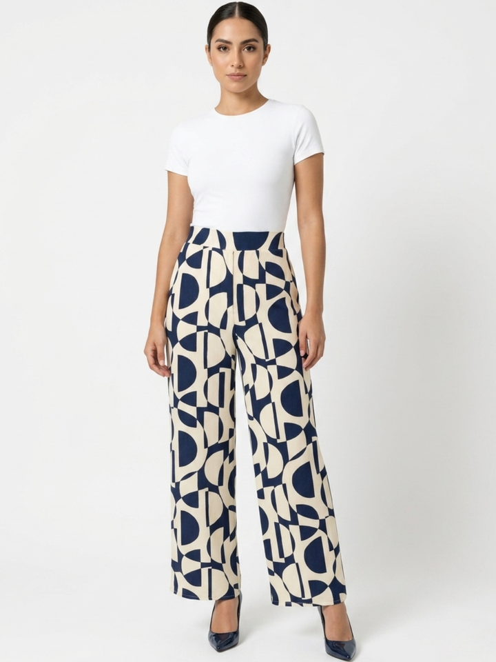 PANTALON PALAZZO NORA AZUL / CREMA