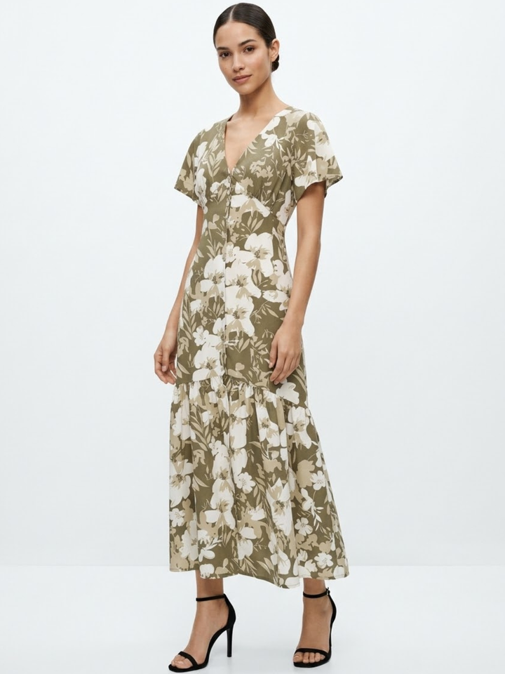 VESTIDO CASUAL CON BOTONES DELANTEROS MONSERRAT VERDE FLOREADO