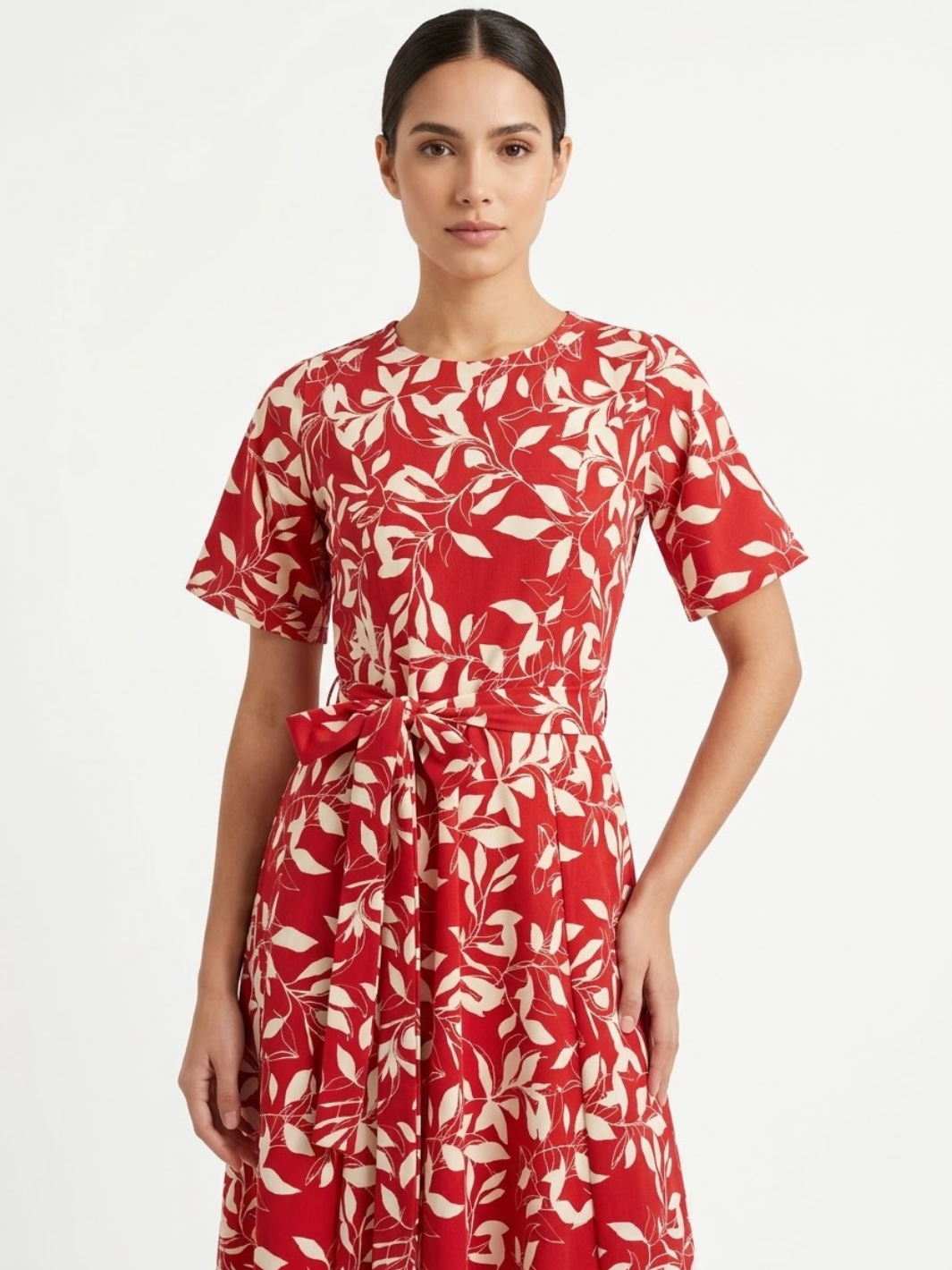 VESTIDO CASUAL MANGA CORTA CON LAZO MIREYA ROJO FLOREADO