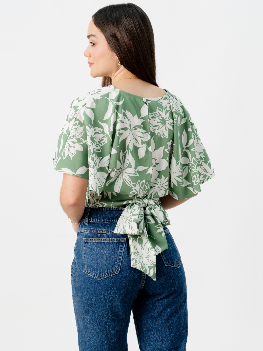 BLUSA CORTA CON MANGAS CON VUELO ROSIE VERDE/PERLA