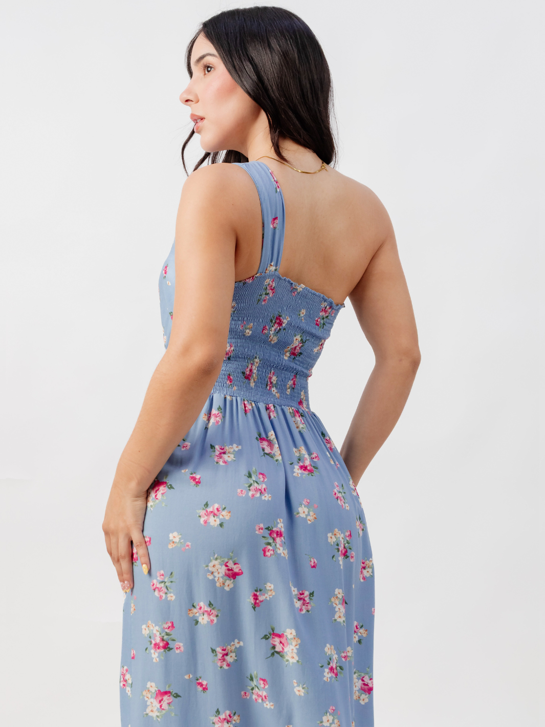 VESTIDO LARGO ASIMETRICO JAZMIN CELESTE FLOREADO