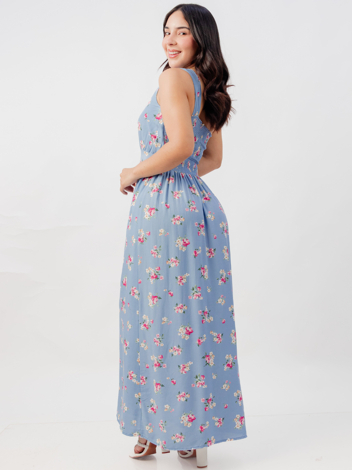 VESTIDO LARGO ASIMETRICO JAZMIN CELESTE FLOREADO