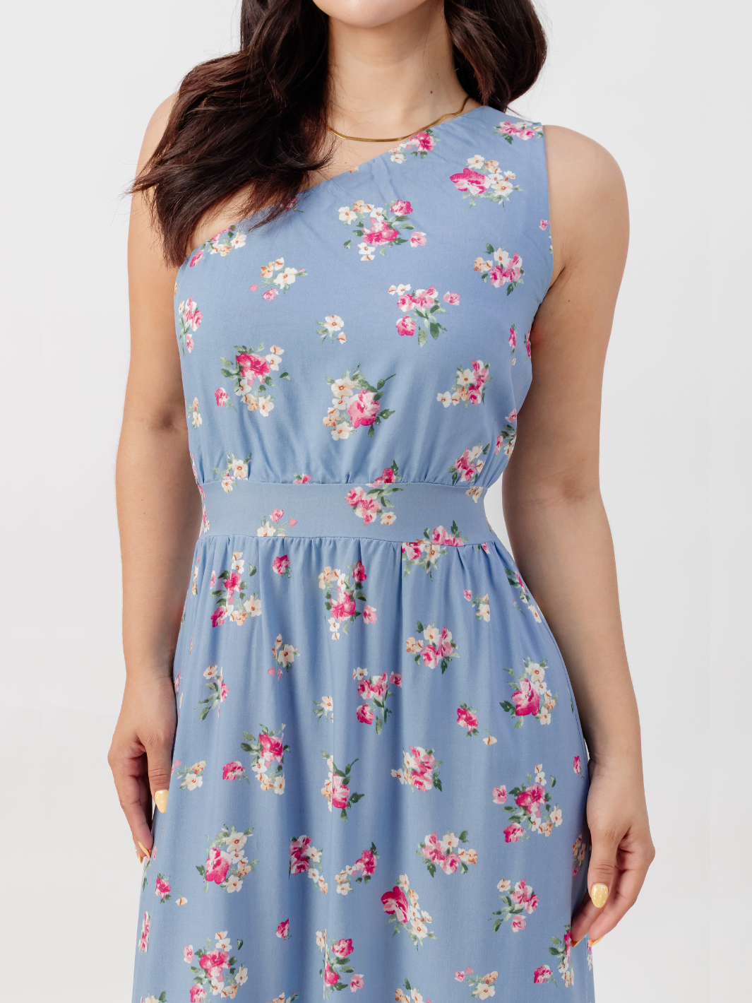 VESTIDO LARGO ASIMETRICO JAZMIN CELESTE FLOREADO