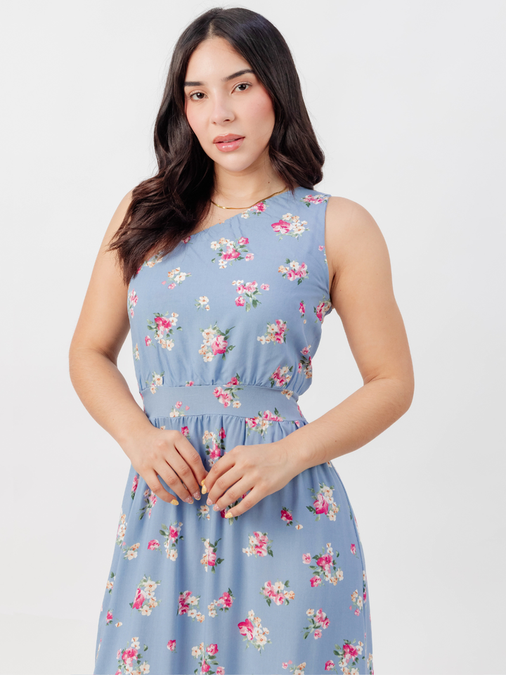 VESTIDO LARGO ASIMETRICO JAZMIN CELESTE FLOREADO