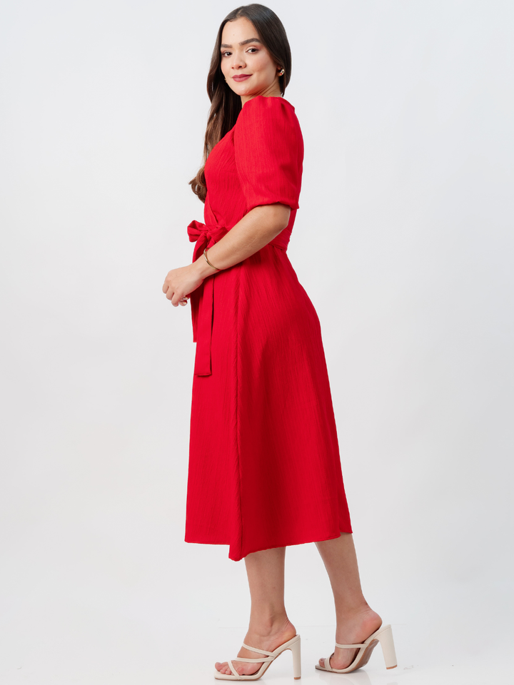 VESTIDO MIDI EN CORTE A CON LAZO SOLEDAD ROJO