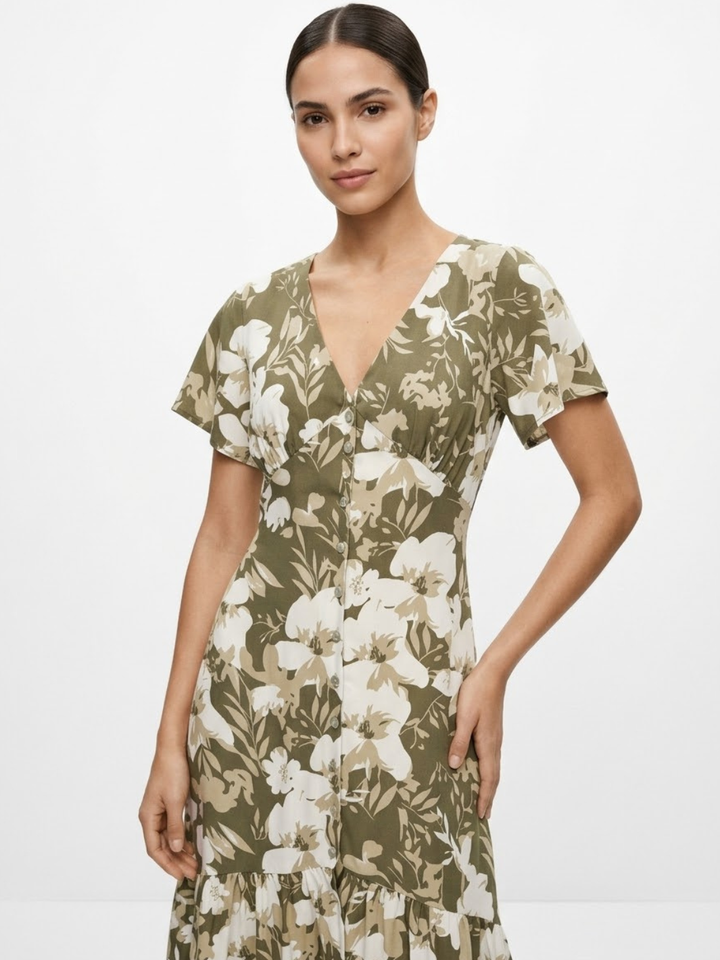 VESTIDO CASUAL CON BOTONES DELANTEROS MONSERRAT VERDE FLOREADO