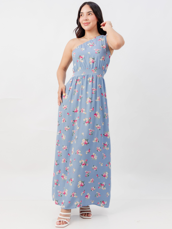 VESTIDO LARGO ASIMETRICO JAZMIN CELESTE FLOREADO