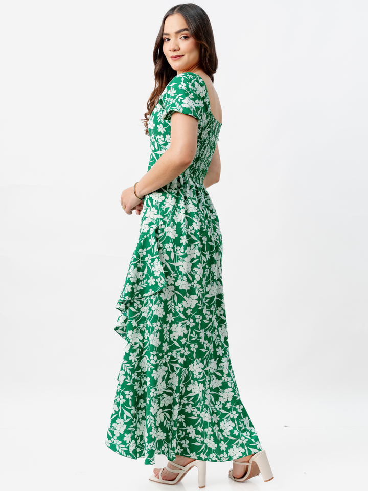 VESTIDO CASUAL LARGO PAOLA VERDE FLOREADO