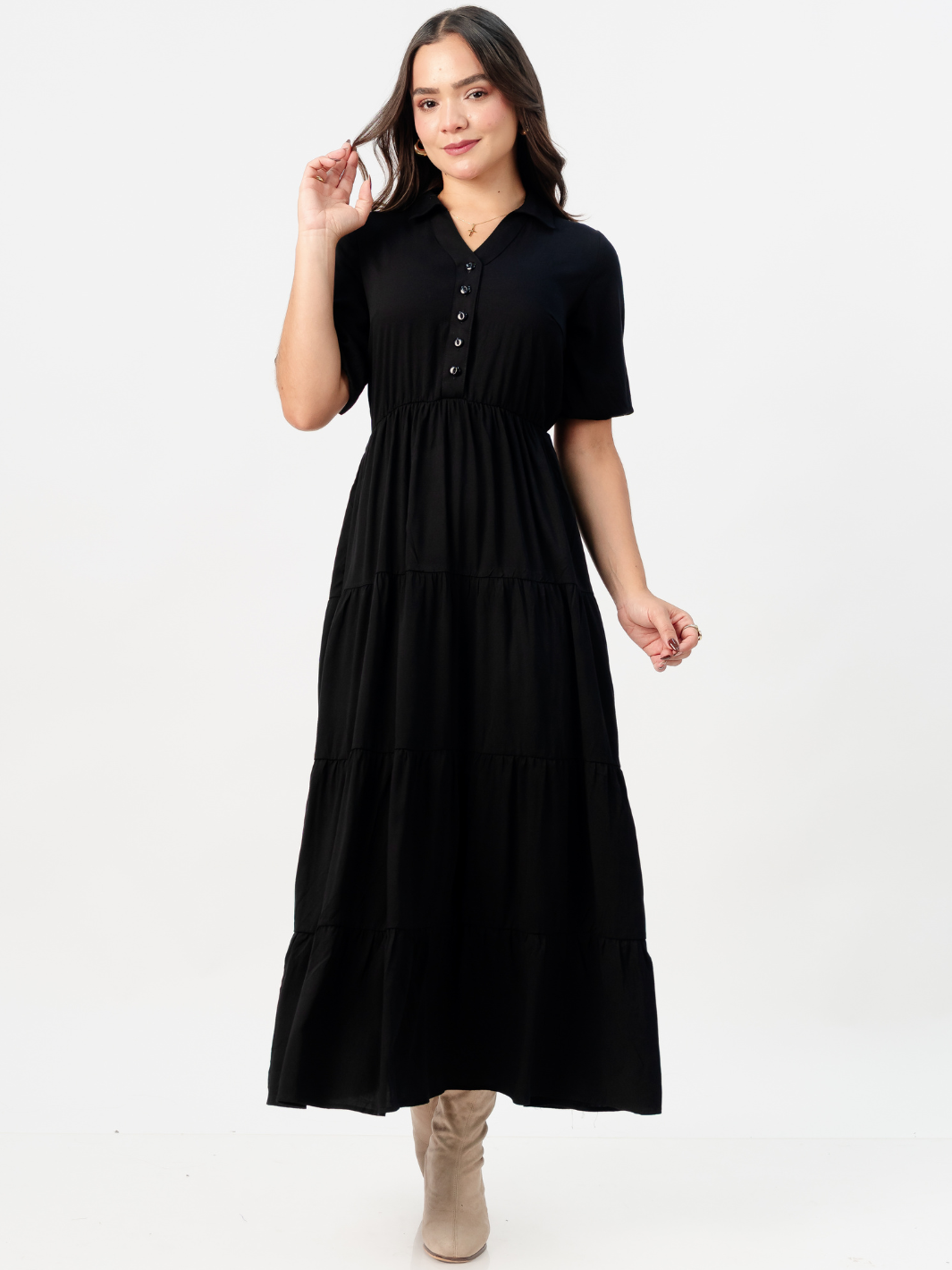 VESTIDO CAMISERO CON FALDA EN TIEMPOS ZAMIRA NEGRO