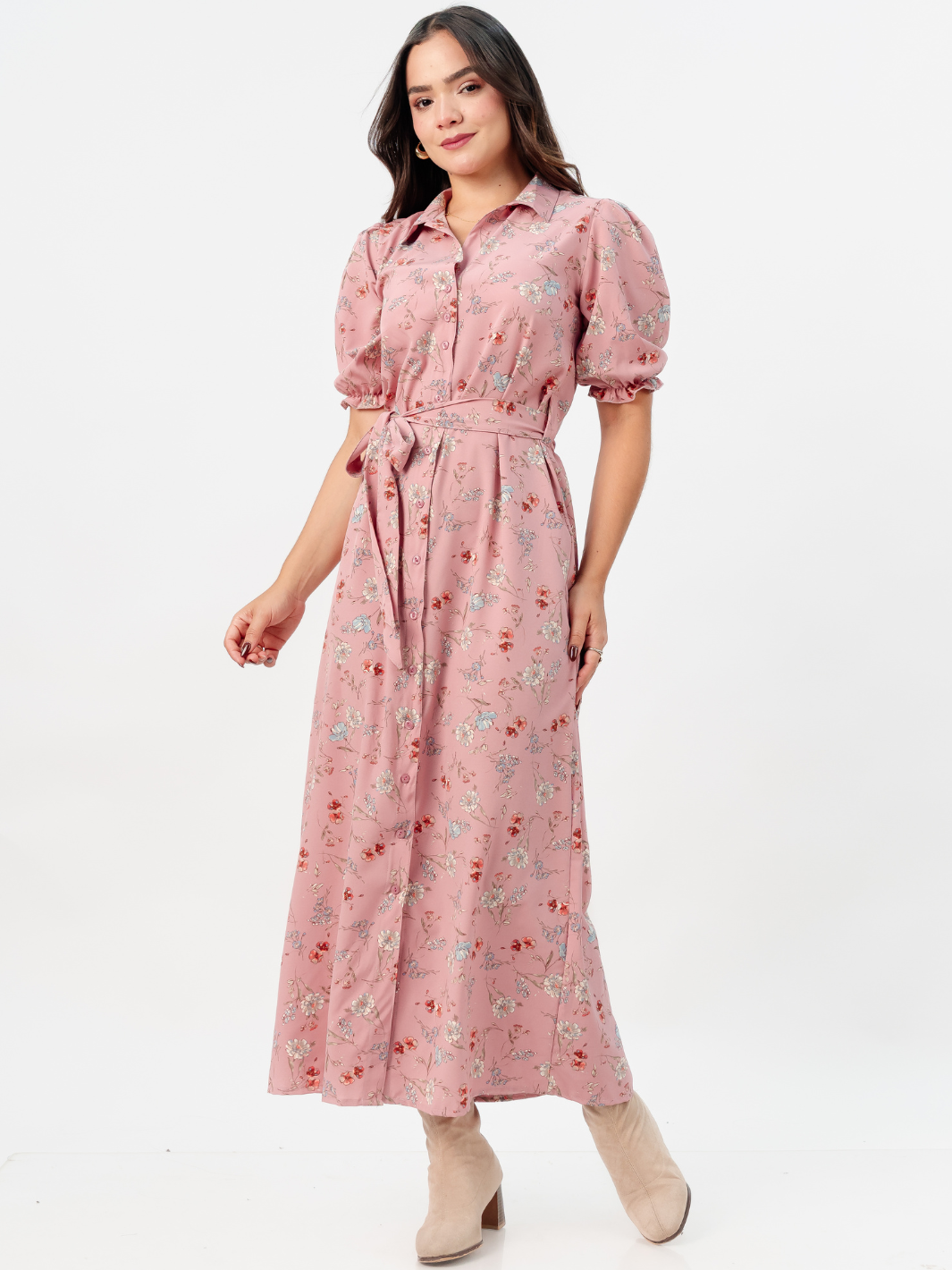 VESTIDO CAMISERO CON CINTURON ASIA ROSA FLOREADO