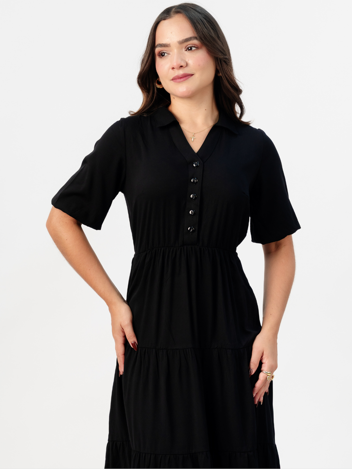 VESTIDO CAMISERO CON FALDA EN TIEMPOS ZAMIRA NEGRO