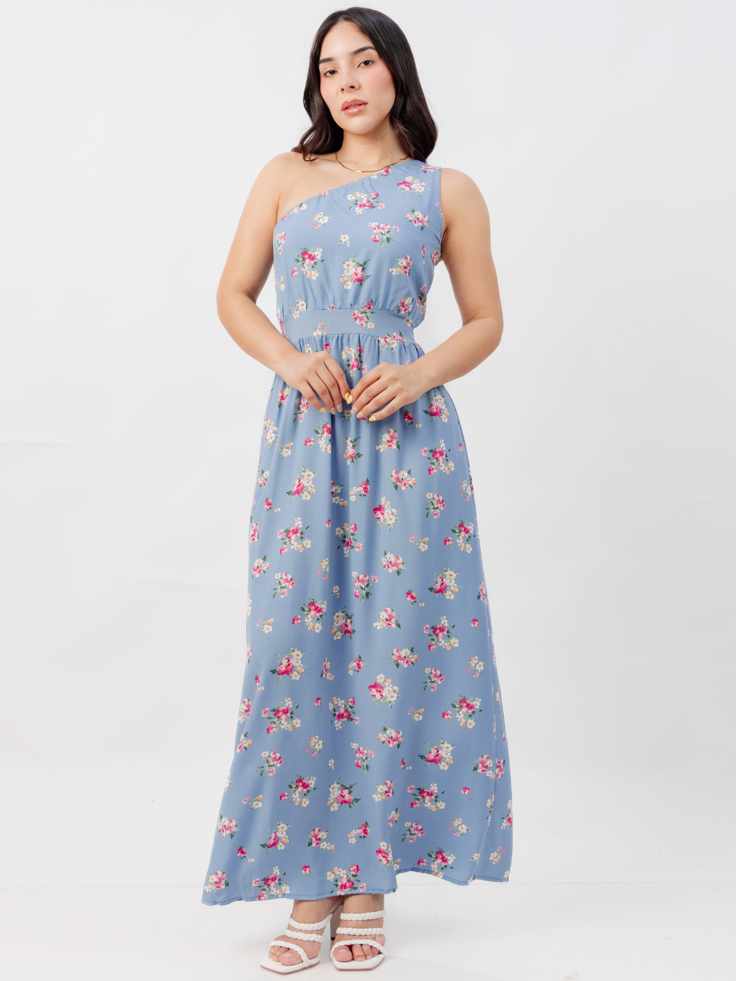 VESTIDO LARGO ASIMETRICO JAZMIN CELESTE FLOREADO