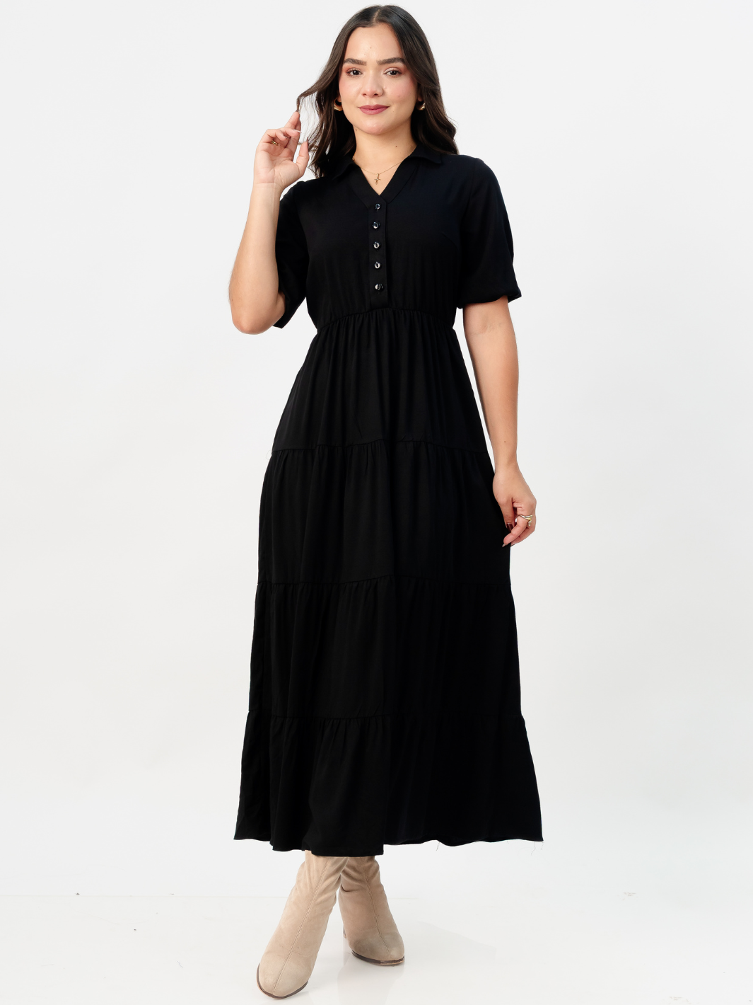 VESTIDO CAMISERO CON FALDA EN TIEMPOS ZAMIRA NEGRO