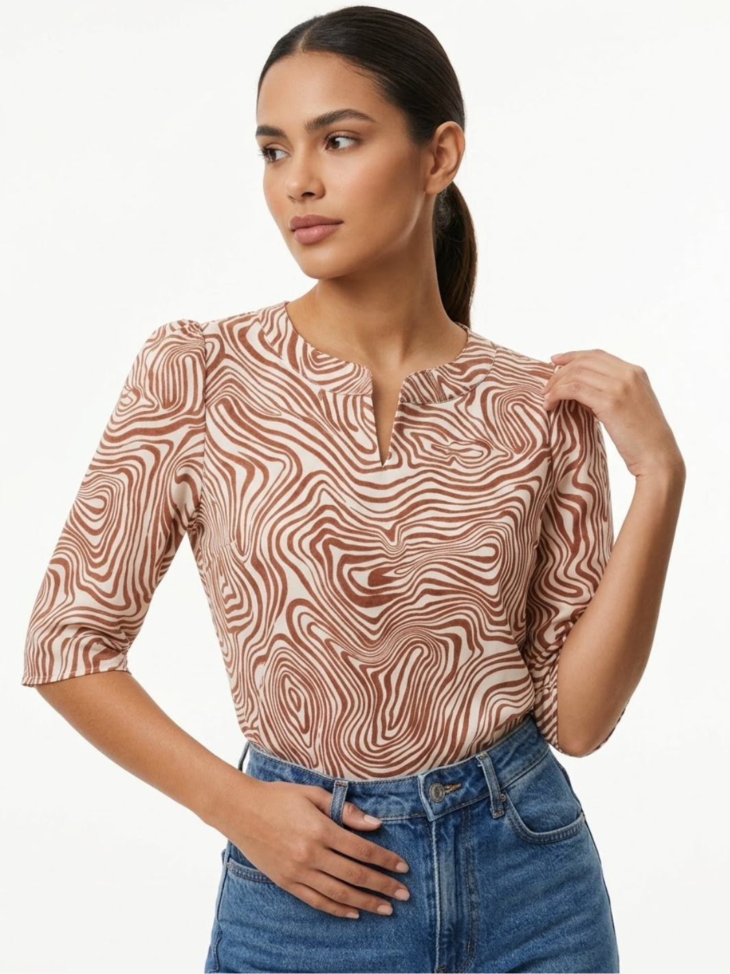 BLUSA CON MANGA 3/4 Y CUELLO REDONDO KIM DURAZNO/PERLA