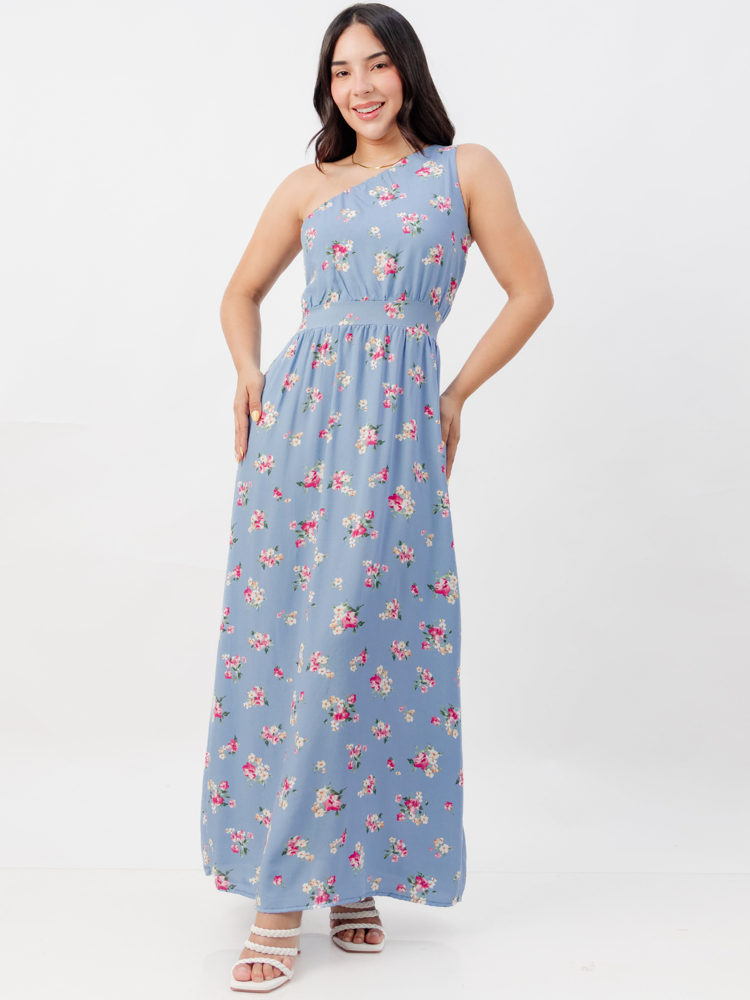 VESTIDO LARGO ASIMETRICO JAZMIN CELESTE FLOREADO