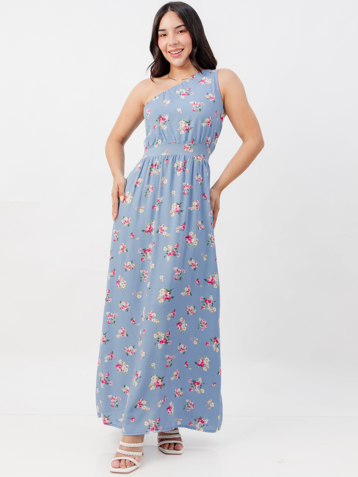 VESTIDO LARGO ASIMETRICO JAZMIN CELESTE FLOREADO