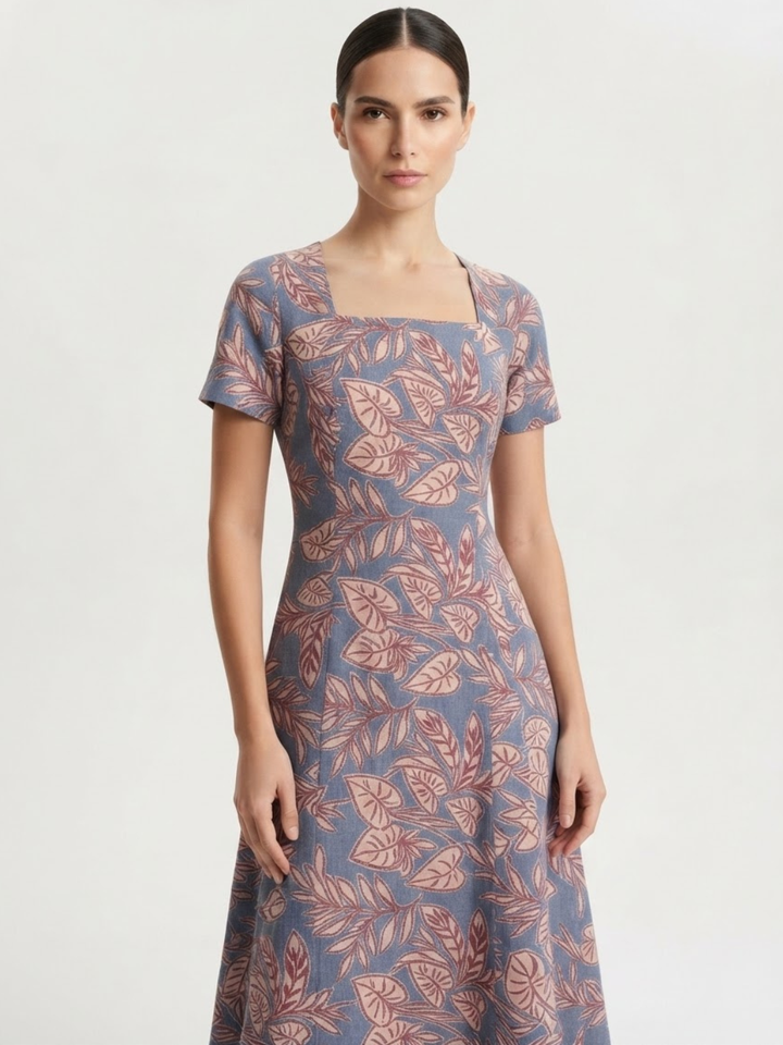 VESTIDO CASUAL CON CUELLO CUADRADO Y CORTE CAMPANA MABEL ACERO FLOREADO