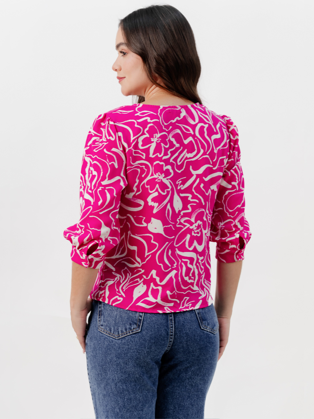 BLUSA MANGA 3/4 CALA FUCSIA FLOREADO