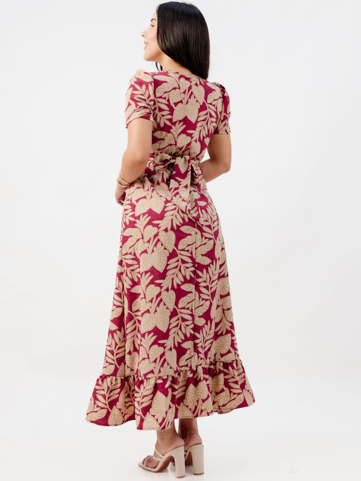 VESTIDO CASUAL LARGO REBECA VINO FLOREADO