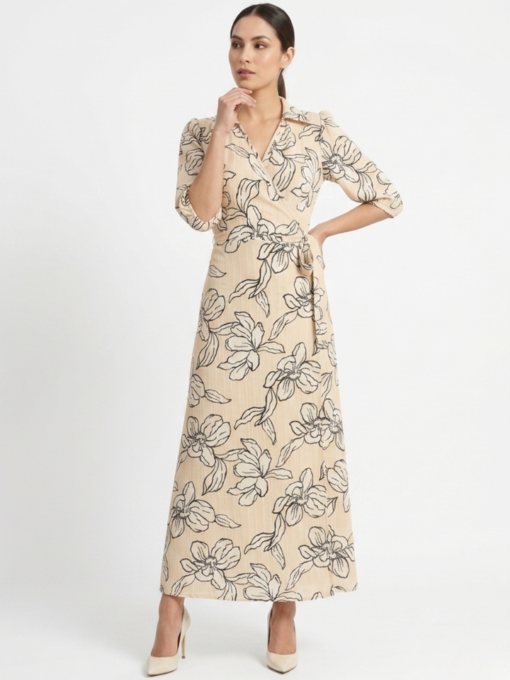 VESTIDO ENVOLVENTE CON CUELLO CAMISERO GRACE NUDE FLOREADO