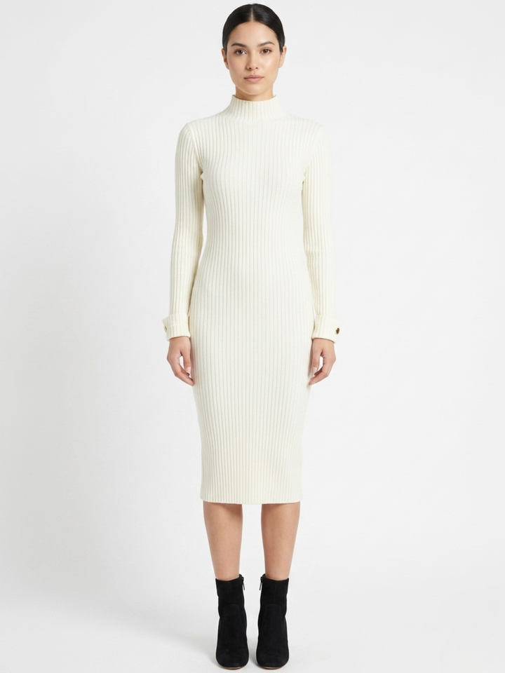 VESTIDO TEJIDO CON CUELLO ALTO MADDI CREMA