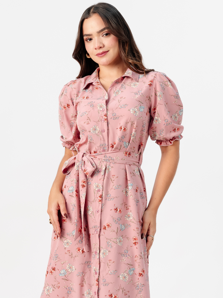 VESTIDO CAMISERO CON CINTURON ASIA ROSA FLOREADO