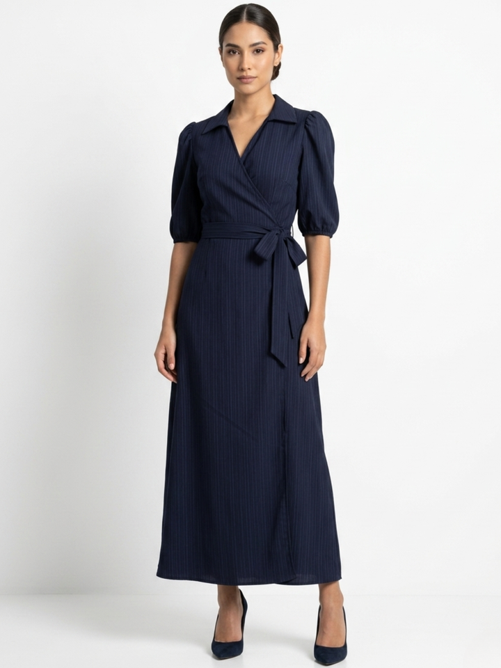 VESTIDO ENVOLVENTE CON CUELLO CAMISERO GRACE AZUL