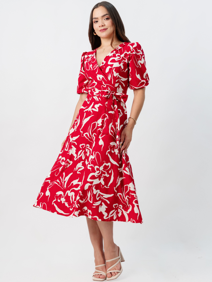 VESTIDO MIDI EN CORTE A CON LAZO SOLEDAD ROJO FLOREADO