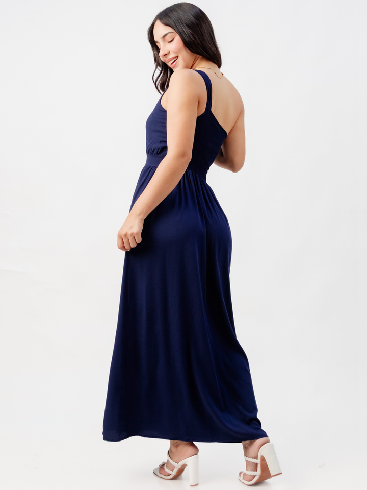 VESTIDO LARGO ASIMETRICO JAZMIN AZUL