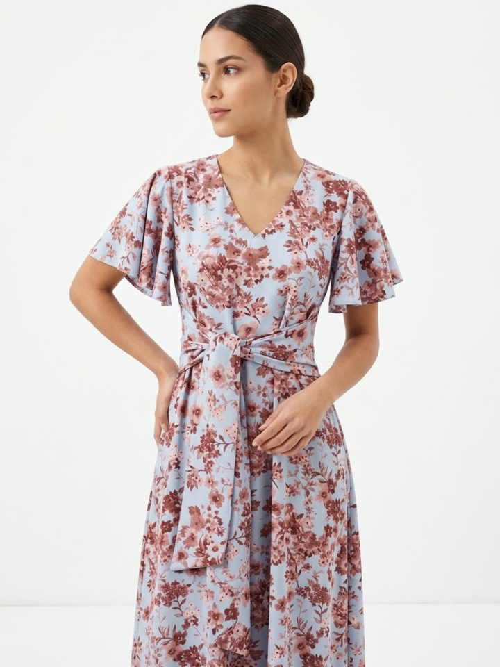 VESTIDO CASUAL CON FALDA EN CORTE A Y LAZO DAFNE CELESTE FLOREADO